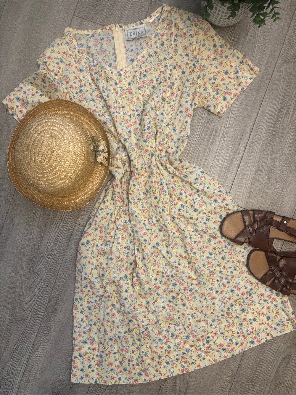 Vintage Erika Yellow Floral Midi Dress